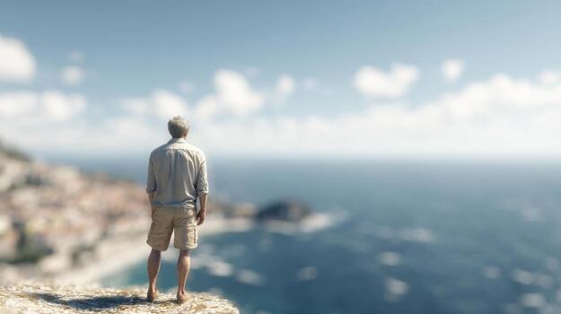 A contemplative Caucasian man gazes at the serene ocean from a rocky ledge, embodying tranquility and reflection. photo