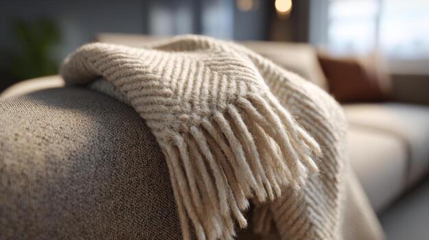 Close-up of a cozy knitted blanket draped over a soft beige sofa, creating a warm, inviting atmosphere in a modern living room. photo