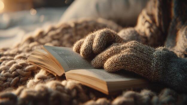A cozy scene of knitted gloves holding an open book on a soft, knitted blanket, creating a warm and inviting atmosphere. photo
