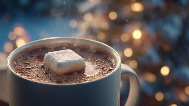 A warm cup of hot chocolate topped with a fluffy marshmallow, set against a dreamy bokeh background. photo