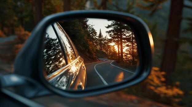 A tranquil scene reflecting in a car's side mirror as the sun sets over a winding road flanked by lush trees. photo