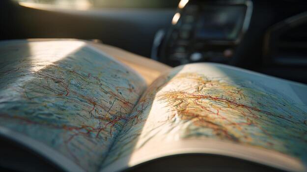 A detailed road map lies open on a car dashboard, inviting exploration of winding routes and scenic journeys. photo