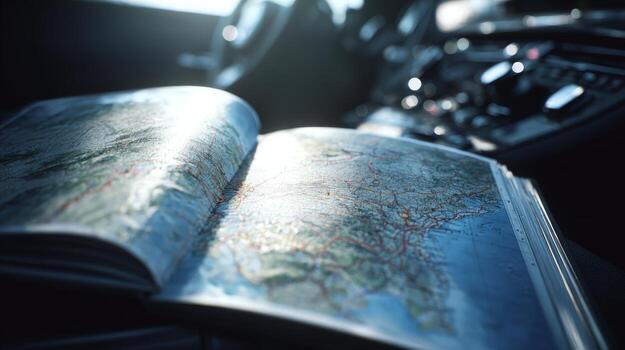 An open road map resting on a car dashboard, illuminated by soft morning light, evoking a sense of adventure and exploration. photo