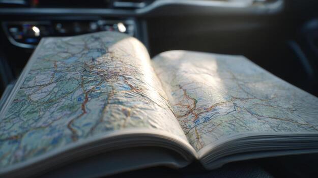 An open road map sits in a car, capturing the essence of adventure and exploration on a sunlit day. photo