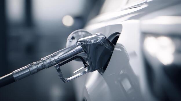 Close-up of a fuel nozzle inserted into a vehicle's gas tank, highlighting modern design and technology. photo