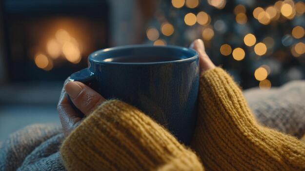 A cozy moment with a hot cup of coffee held in hands, surrounded by a warm atmosphere and festive bokeh lights. photo