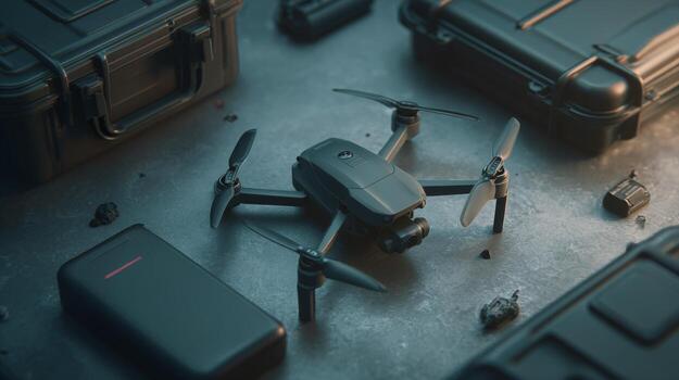 A sleek black drone rests on a gritty surface, surrounded by rugged storage cases, embodying adventure and technology. photo