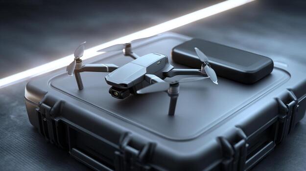 A sleek gray drone resting atop a rugged carry case, highlighted by ambient lighting for a tech-focused vibe. photo