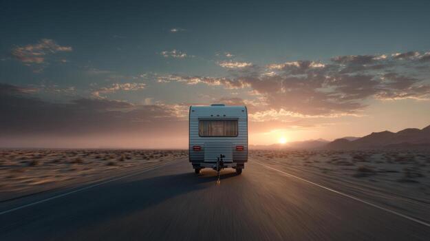 A retro RV travels down a deserted road in the desert at sunset, surrounded by mountains and open skies. photo