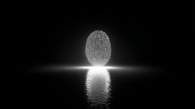 A glowing fingerprint is highlighted against a dark background, symbolizing identity and security. photo