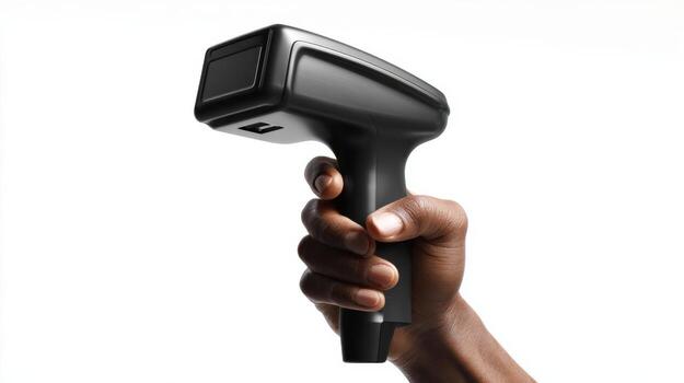 A hand holding a modern barcode scanner, showcasing its sleek design and functionality. photo