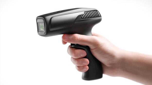 Close-up of a hand holding a sleek black handheld scanner, highlighting its modern design and digital display. photo