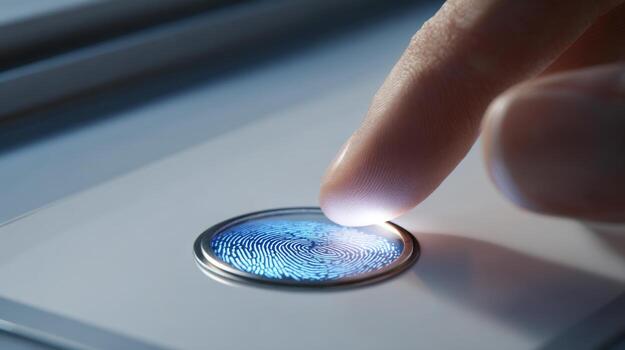 Close-up of a human finger scanning a fingerprint on a digital sensor with a blue light glow. photo