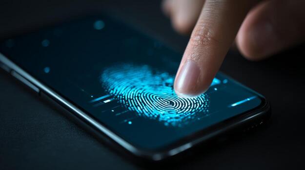 Close-up of a finger pressing a digital fingerprint scanner on a smartphone, symbolizing security and technology. photo