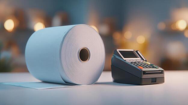 A close-up of a roll of paper towels next to a payment terminal, illustrating convenience and modern retail environments. photo