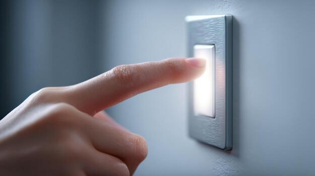 A close-up of a hand pressing a modern light switch, illuminating the surroundings with a soft glow. photo
