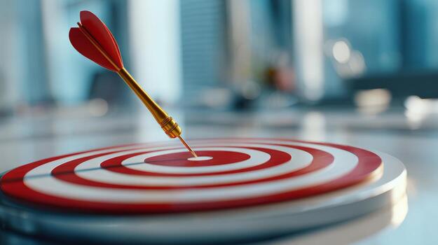 A close-up of a dart hitting the bullseye on a vibrant red and white target, symbolizing precision and success. photo