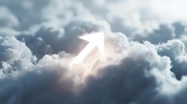 A glowing upward arrow emerging from fluffy, gray clouds, symbolizing hope and new beginnings. photo