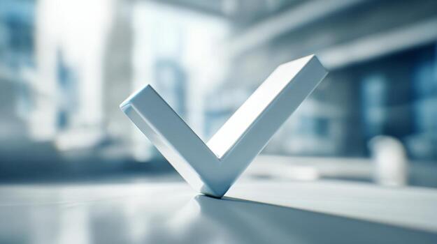 A minimalist 3D check mark symbol in a sleek office setting, representing success and completion. photo