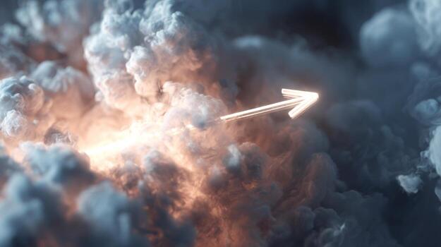 An ethereal composition of swirling clouds illuminated by a soft glow, featuring an arrow pointing upward, symbolizing direction and inspiration. photo