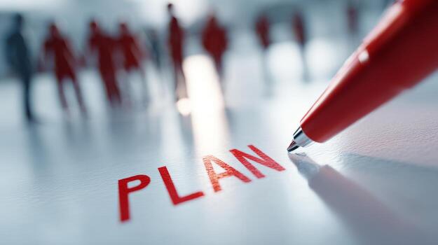 Close-up of a red pen writing 'PLAN' on a notepad, with blurred figures in the background, symbolizing teamwork and strategic thinking. photo