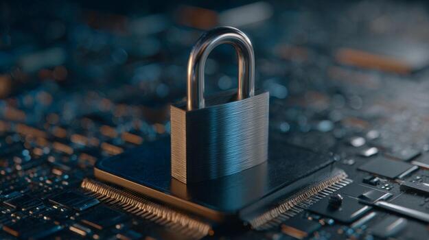 A metallic padlock resting on a circuit board, symbolizing cybersecurity and data protection. photo