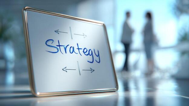 A business strategy board with the word 'Strategy' written on it, while two professionals discuss in the background. photo