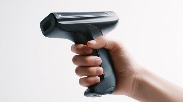 A close-up of a hand gripping a modern black barcode scanner, suitable for retail or inventory use. photo