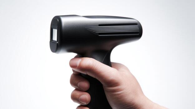 A close-up of a hand gripping a sleek black thermal scanner, emphasizing modern technology in health safety. photo