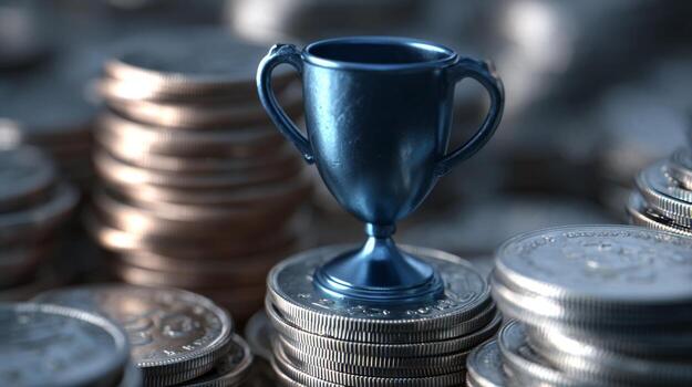 A small blue trophy rests atop a pile of shiny coins, symbolizing achievement and success in a competitive landscape. photo