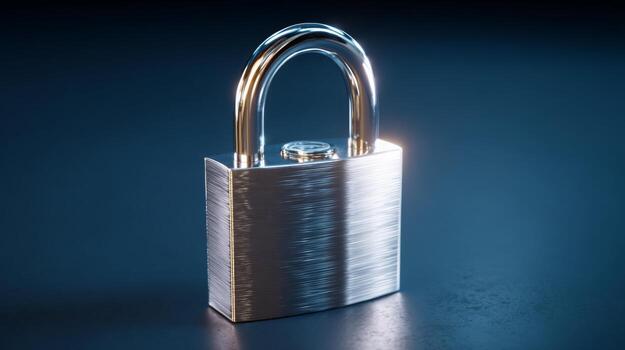 Close-up of a shiny metal padlock on a dark background, symbolizing security and protection. photo