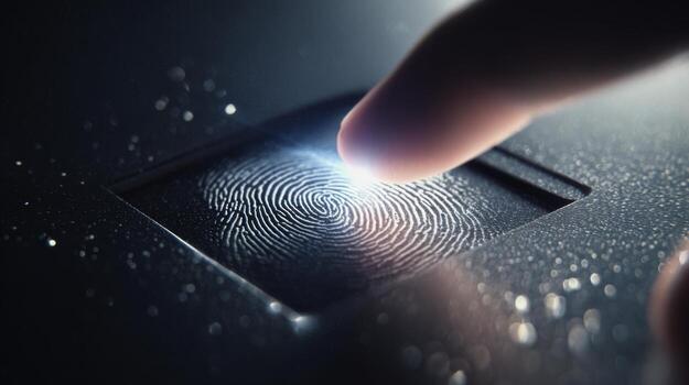 A close-up of a finger touching a fingerprint scanner, illustrating biometric technology and security. photo