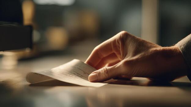 Close-up of a Caucasian hand holding a receipt on a softly lit counter. photo