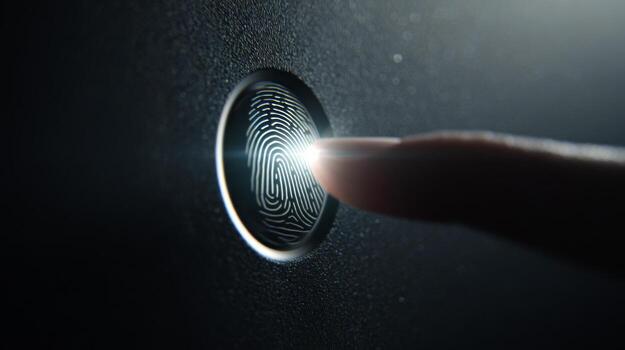 A close-up of a finger gently pressing a fingerprint scanner, symbolizing modern security technology. photo