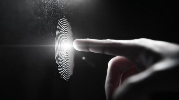A close-up shot of a human finger touching a glowing fingerprint sensor in a dark environment. photo