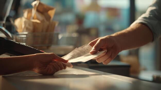 A close-up of a person's hand exchanging a receipt at a cafe, showcasing a moment of transaction and customer service. photo