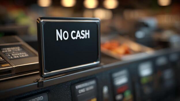 A close-up of a 'No Cash' sign at a modern checkout counter, emphasizing the shift toward cashless transactions. photo