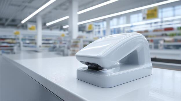 A sleek, modern white stapler resting on a bright, clean surface in an office or retail setting. photo
