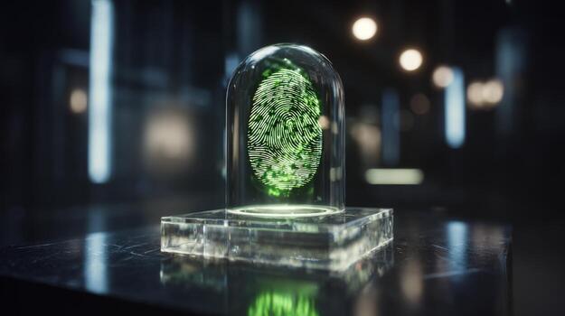A futuristic glowing green fingerprint displayed under a glass dome on a sleek surface. photo