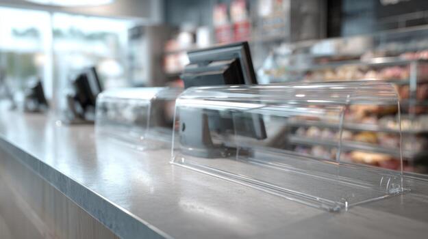 Clear food display covers on a modern cafe countertop, showcasing a sleek and organized atmosphere. photo