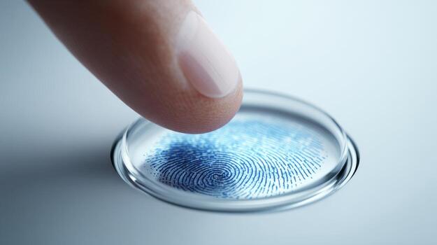 A close-up of a finger pressing on a circular glass touch sensor displaying a blue fingerprint pattern. photo