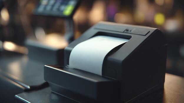 A sleek black thermal printer on a counter, printing a receipt in a modern retail environment. photo