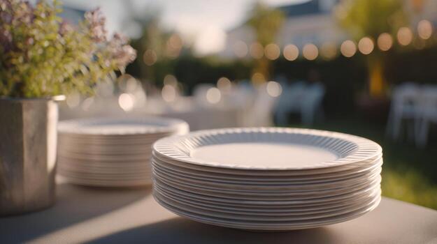 A stack of elegant white plates set on a table, surrounded by garden decor and soft lighting for an outdoor event. photo