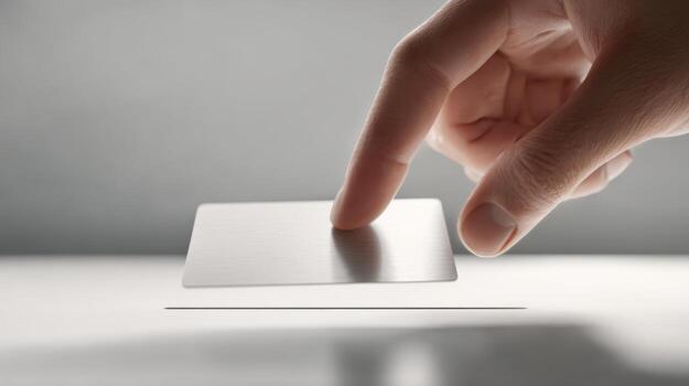 A close-up of a hand representing a male individual hovering over a metallic credit card, showcasing modern digital payment concepts. photo