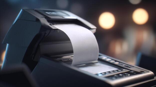 A modern black printer in action, creating crisp printed pages against a blurred background, showcasing productivity and technology. photo