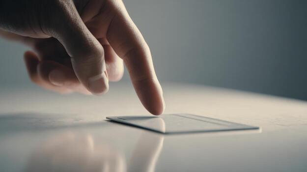 A close-up of a human hand pressing a finger against a sleek credit card on a minimalistic surface. photo