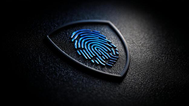 Close-up of a fingerprint design inside a shield emblem, symbolizing security and protection. photo
