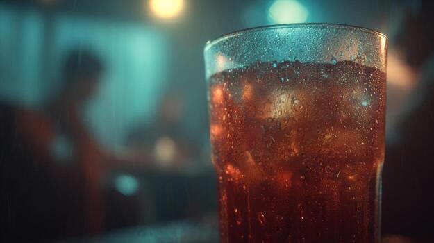 Close-up of a chilled glass of cola with condensation, set against a moody, blurred background of a lively bar atmosphere. photo
