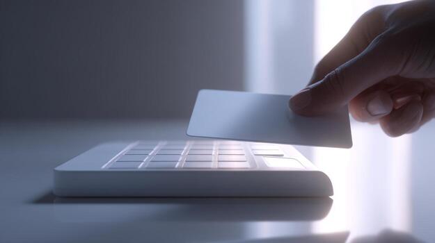 A close-up of a hand holding a card near a white payment terminal, emphasizing digital transactions. photo