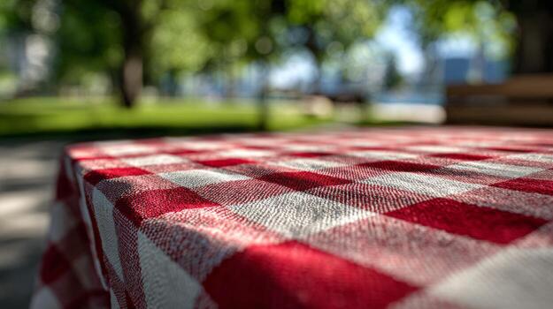 A close-up of a red and white checkered picnic tablecloth, set in a sunny park surrounded by lush greenery. photo